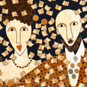 klimpt style image of couple representing "marriage and money"