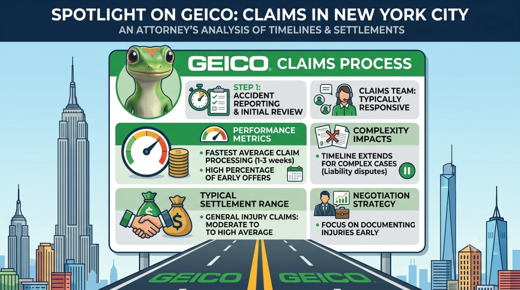 An infographic titled "SPOTLIGHT ON GEICO: CLAIMS IN NEW YORK CITY - AN ATTORNEY’S ANALYSIS OF TIMELINES & SETTLEMENTS," featuring the GEICO gecko and a detailed legal guide set against the NYC skyline.
