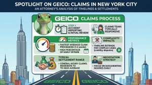 An infographic titled "SPOTLIGHT ON GEICO: CLAIMS IN NEW YORK CITY - AN ATTORNEY’S ANALYSIS OF TIMELINES & SETTLEMENTS," featuring the GEICO gecko and a detailed legal guide set against the NYC skyline.